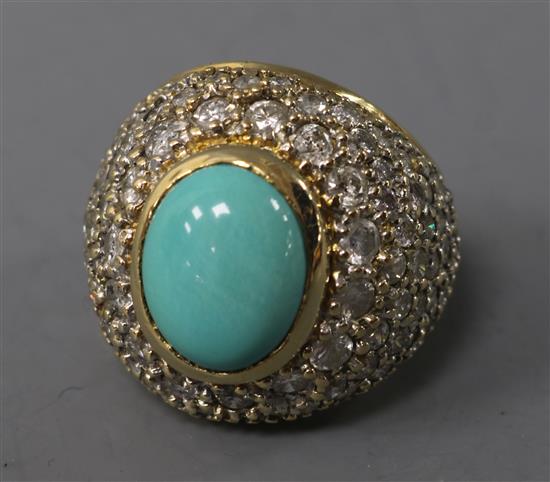 A yellow metal, turquoise and pave set diamond dress ring, size J.